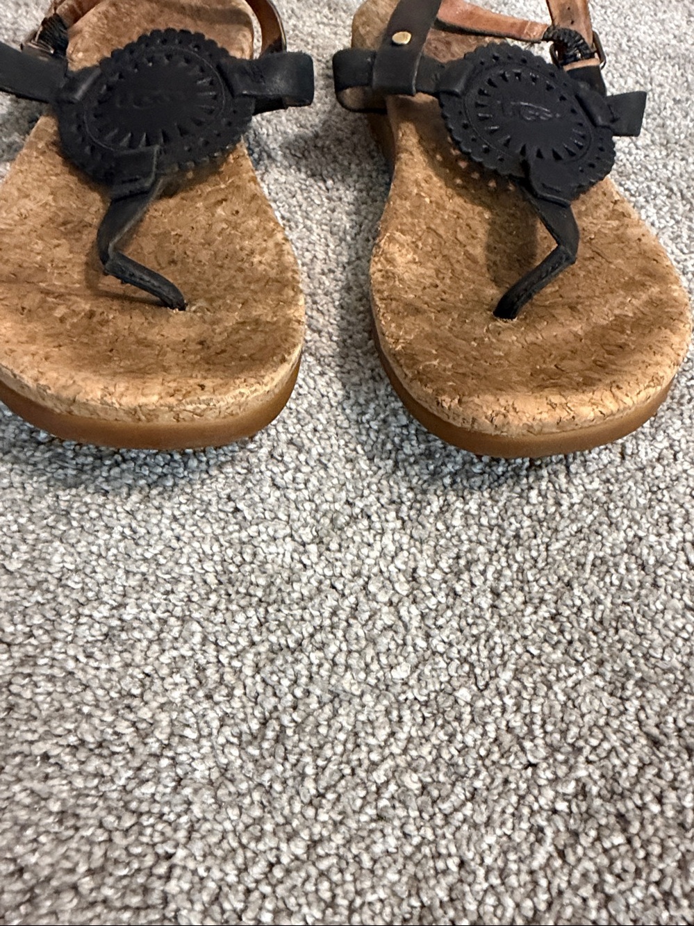UGG Black Leather Cork Thong Sandals with Decorative Medallion - Picture 4 of 7